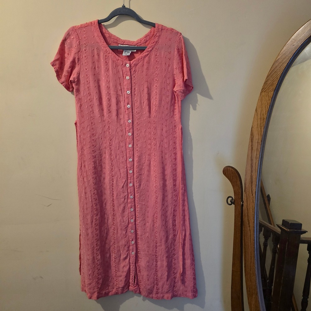 Victoria Holley Vintage Pink Rayon eyelet lace Button Front Midi Dress 6P